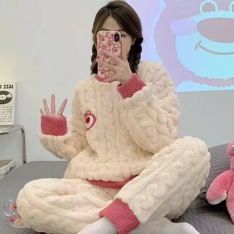 甜美可爱珊瑚绒睡衣女冬季加厚法兰绒秋冬学院风加绒家居服套装