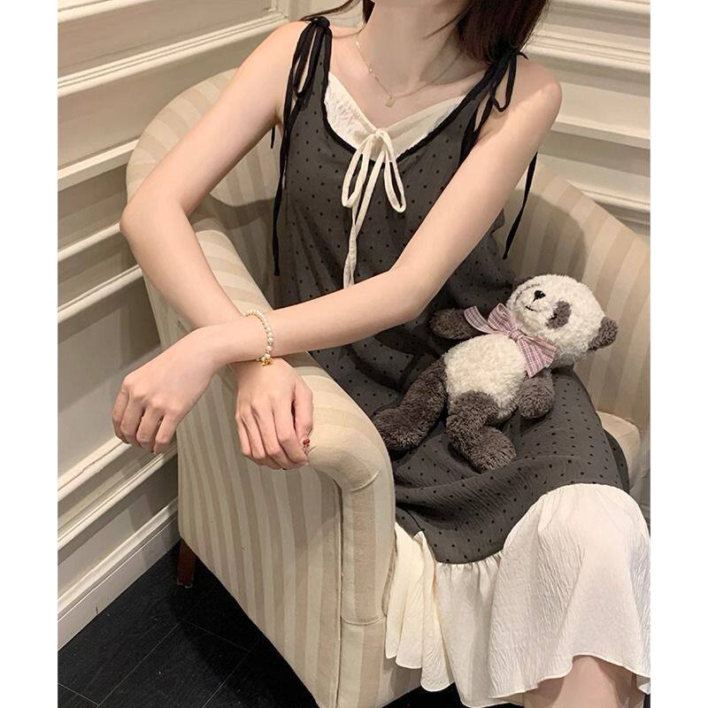 带胸垫灰色睡裙女款夏季纯欲风韩系圆点吊带睡衣夏天连衣裙家居服