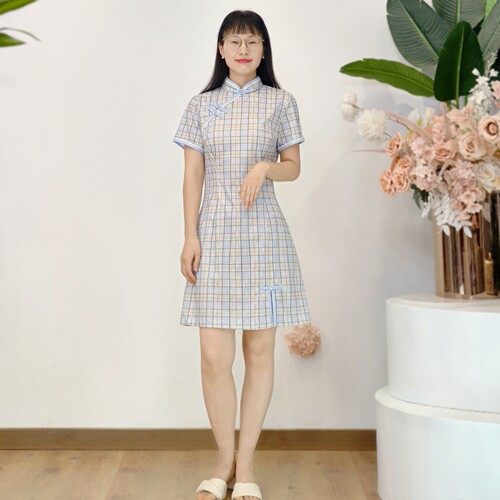 艺素晓YB10夏季复古撞色格子改良旗袍式连衣裙