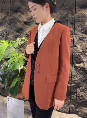 【可系】241060A春秋无领西服女休闲通勤百搭v领西装外套