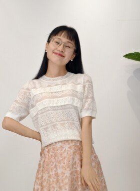 可路莎专柜242627夏季蕾丝拼接镂空针织衫短袖女