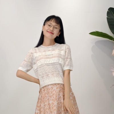 可路莎专柜242627夏季蕾丝拼接镂空针织衫短袖女