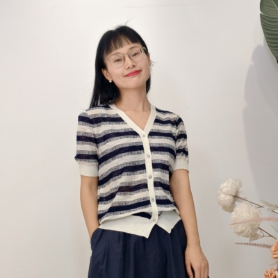 可路莎专柜252324夏季宽松拼接条纹针织开衫女休闲V领短袖
