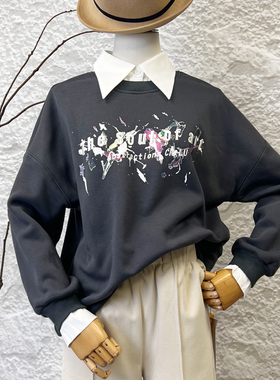 【可系】秋冬C224840拼接衬衫领刺绣假两件加绒套头卫衣女