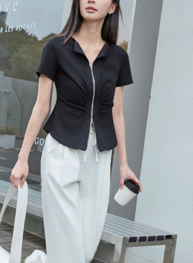【可系]专柜同款242453夏季修身压褶收腰短袖拉链开衫T恤女上衣