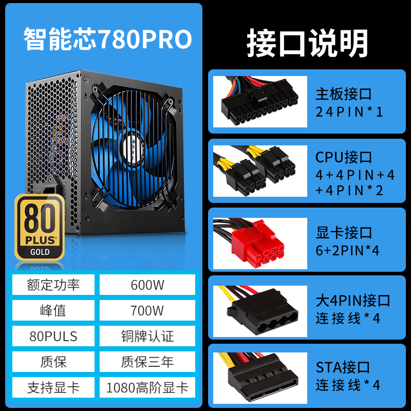 金河田智能芯780PRO电源台式机电脑静音主机电源额定600W峰值700W