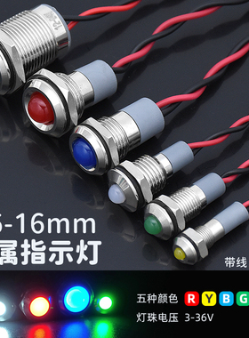 瑞沃尔带线金属LED信号指示灯防溅水6/8/10/12/16mm高凸球头12V24