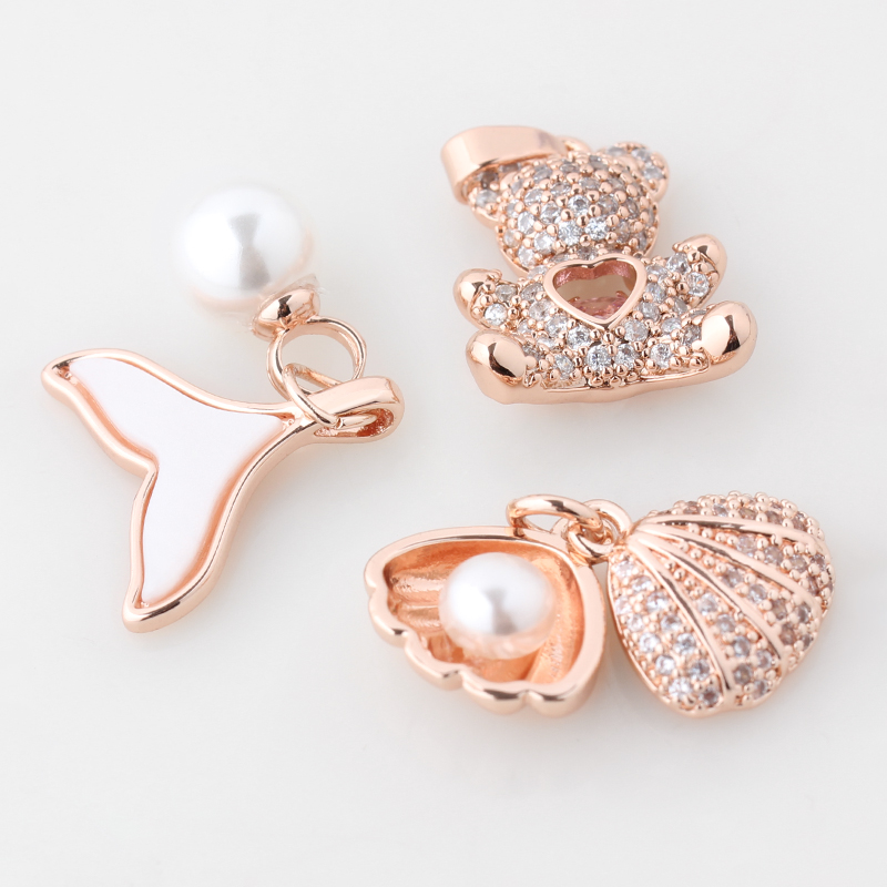 高端项链diy配件保色玫瑰金六芒星镶钻珍珠贝壳鱼尾花生叶子挂坠