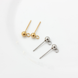 不掉色不过敏316钛钢18K金珠头耳钉不锈钢圆球焊圈小耳钉diy配件