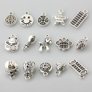 不褪色藏银吊饰招财猫算盘钱袋笑脸五角星挂件吊坠diy手链配件