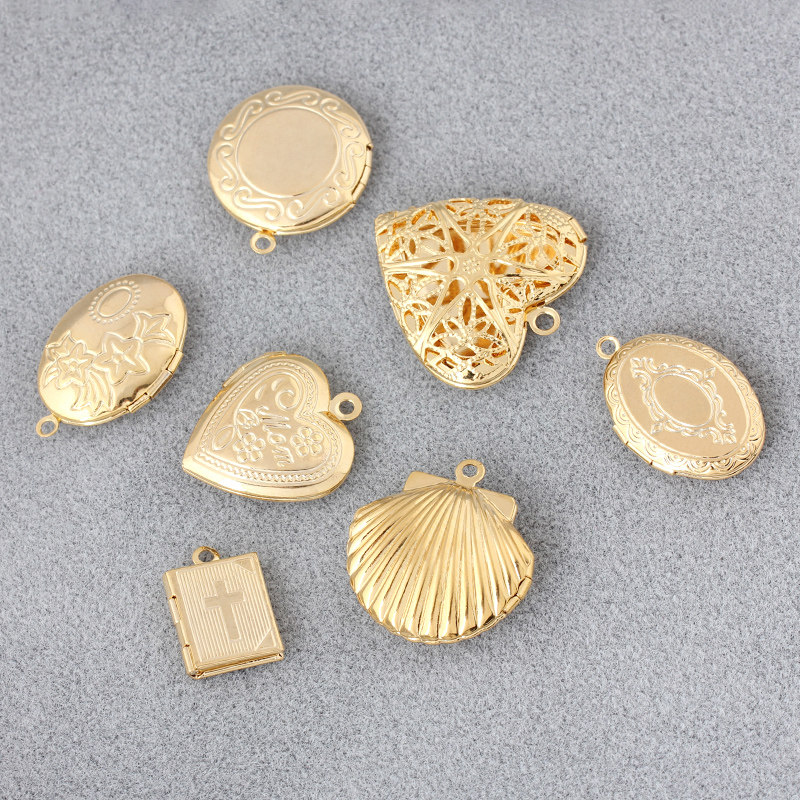 18k包金铜镀真金相盒可以打开装相片小盒子爱心贝壳挂件项链吊坠