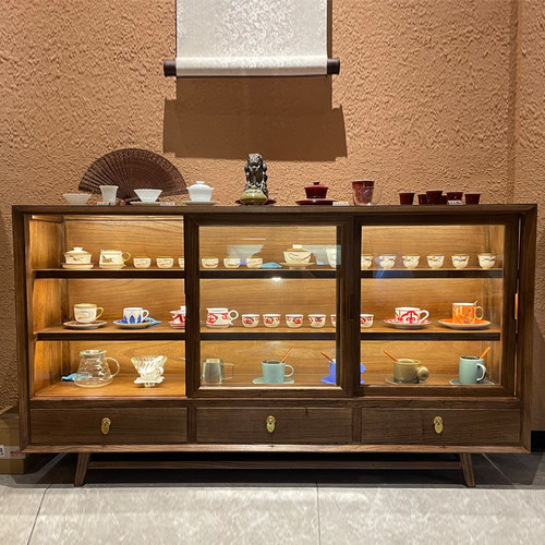 黑胡桃玻璃收纳柜餐边储物柜茶叶收纳柜置物柜客厅靠墙展示柜茶架