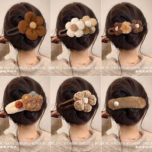 奶咖色花朵鸭嘴夹大号发夹后脑勺盘发抓夹女2025新款 秋冬毛绒发饰