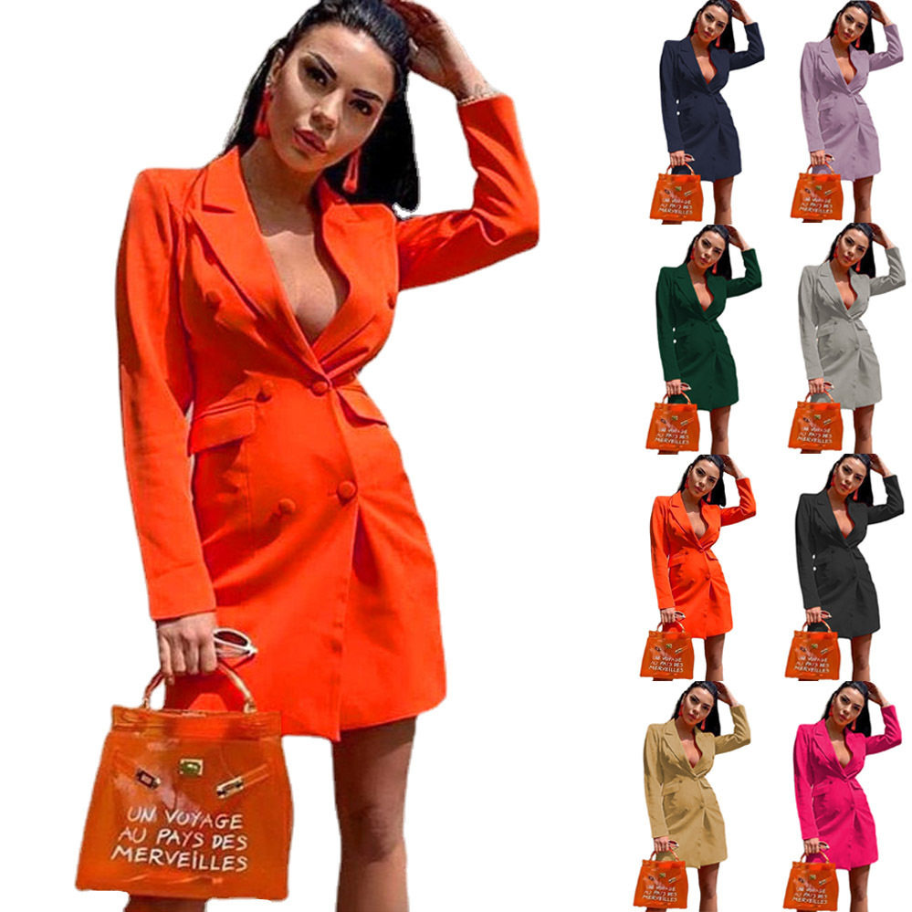 Women's solid color slim fit long suit jacket女修身长款西装