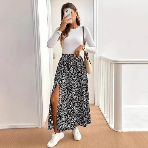 Women's split floral skirt女碎花半身裙开叉a字包臀中腰长裙