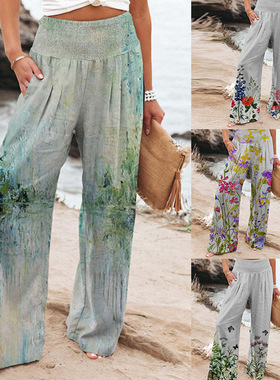 Women's printed long pants with wide legs女四面弹长裤阔腿裤