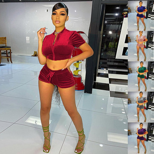 Women' Velvet Sexy Short Sleeve and Shorts Set女短裤短袖套装