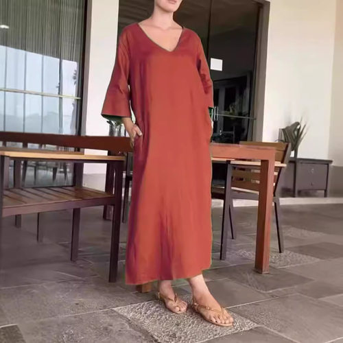 Women's cotton and linen V-neck dress with side slits棉麻裙