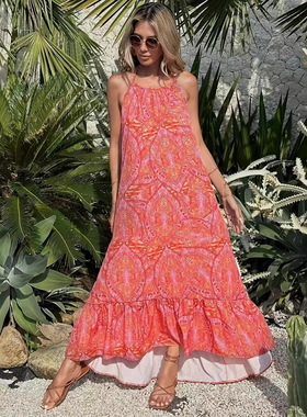 Women's printed long skirt with suspender dress女吊带连衣裙