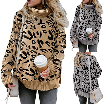 Women's slit leopard print knit sweater女针织衫豹纹套头毛衣