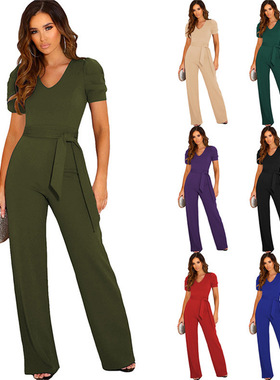 Women tied short sleeved waist jumpsuit女绑带短袖收腰连体裤