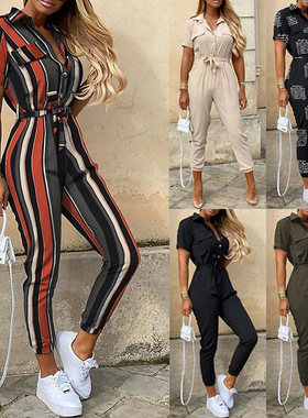 Women's collar buckle printed workwear jumpsuit女工装连体裤