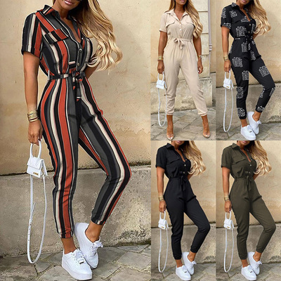 Women's collar buckle printed workwear jumpsuit女工装连体裤