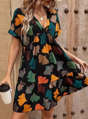 Women summer floral V-neck cotton silk dress女v领棉绸连衣裙