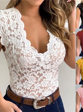 Women's lace lace V-neck T-shirt sleeveless top女蕾丝t恤无袖
