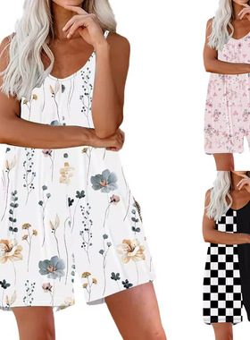 Women's printed round neck sleeveless shorts jumpsuit连体裤