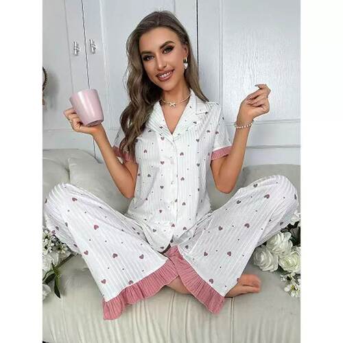 Short sleeved+long pants pajamas花边睡衣爱心家居服长裤短袖女