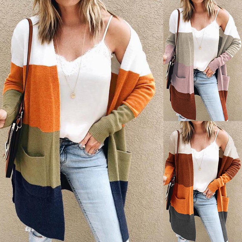 Women striped sweater, large pocket long jacket女毛衣长外套