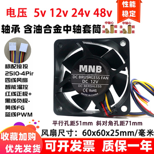 全新6cm厘米60x60x25mm四线pwm智能温控6025调速5v12v24v散热风扇