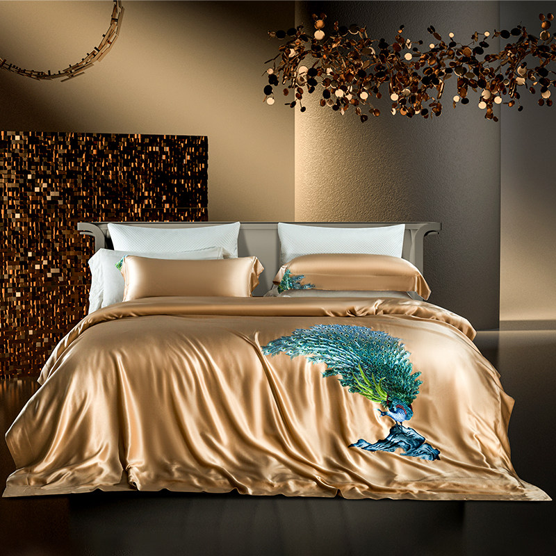 真丝四件套孔雀王35姆米桑蚕丝高端别墅定制纯手绣丝绸缎床上用品