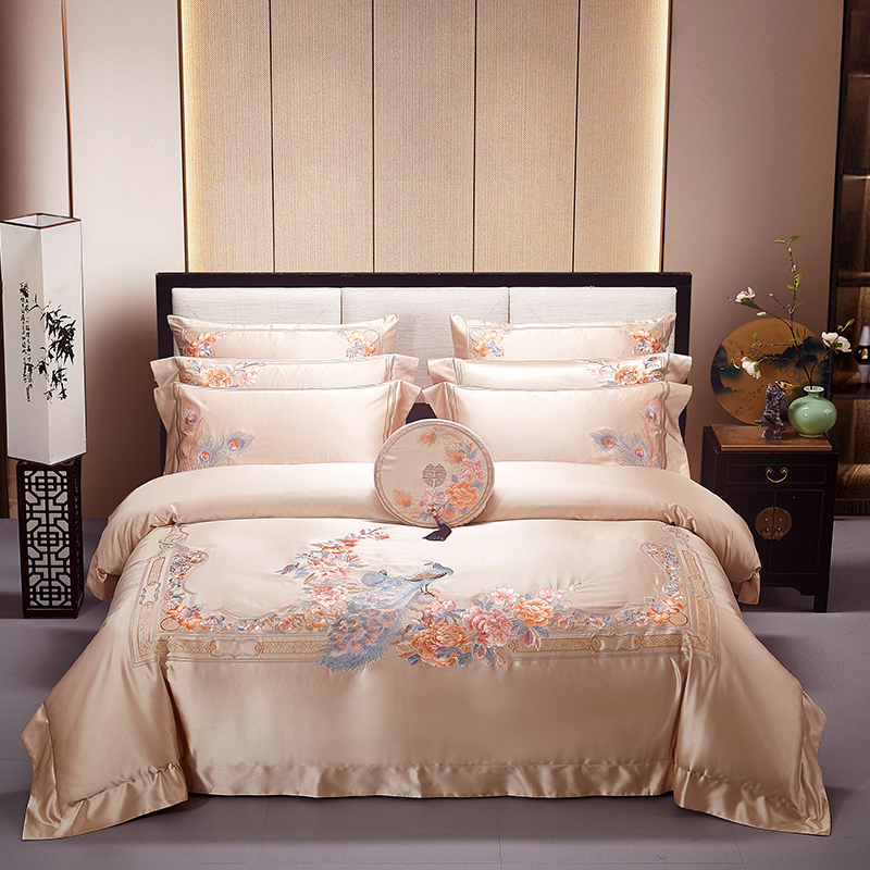 新中式四件套全棉纯棉140支床单被套结婚刺绣花高档婚庆床上用品