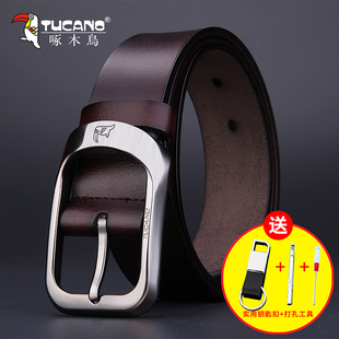 韩版 皮带 青年休闲牛皮针扣腰带 正品 带潮 新款 真皮裤 啄木鸟男士