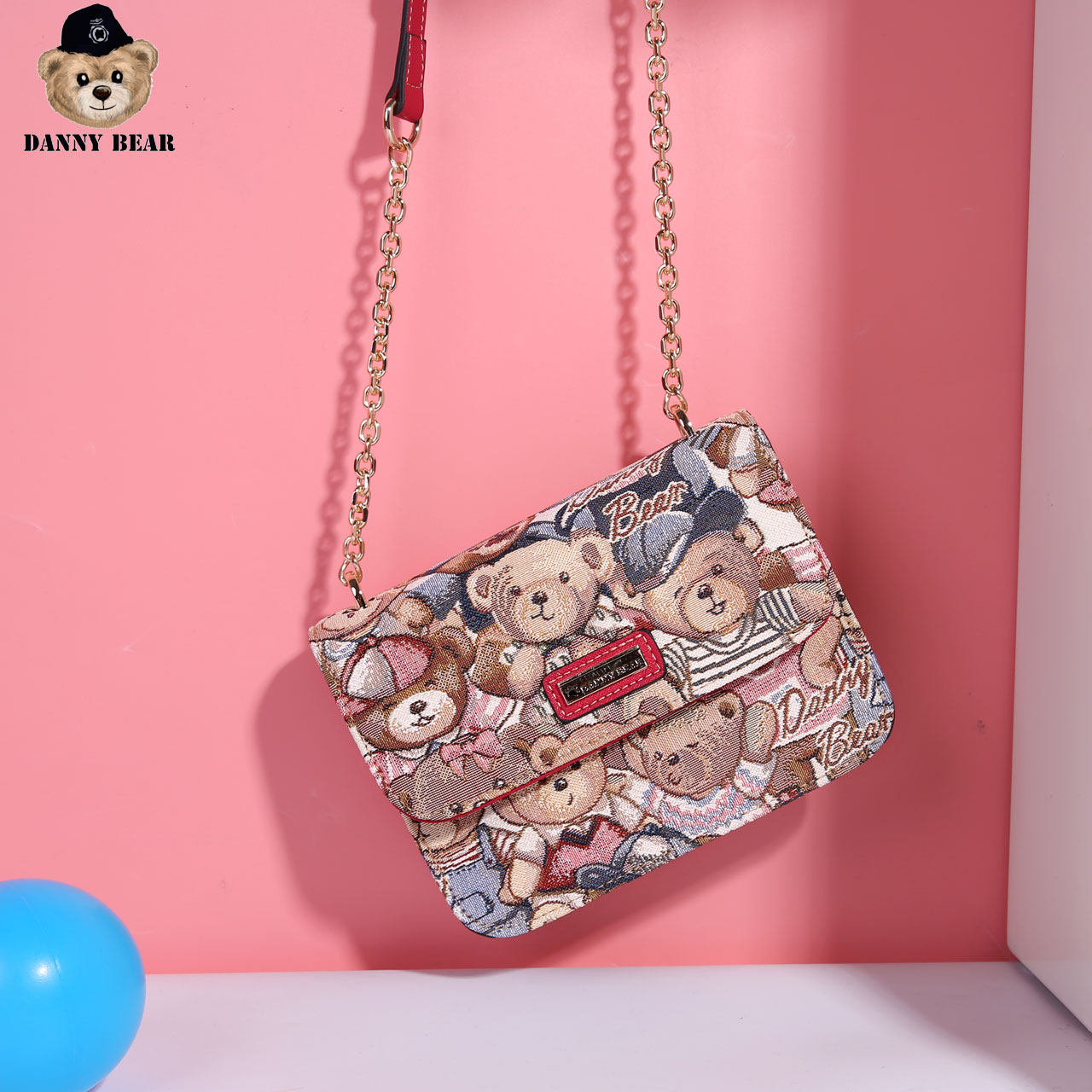 丹尼熊斜挎包韩版甜美可爱小熊放手机的包撞色链条小包DMB9115070