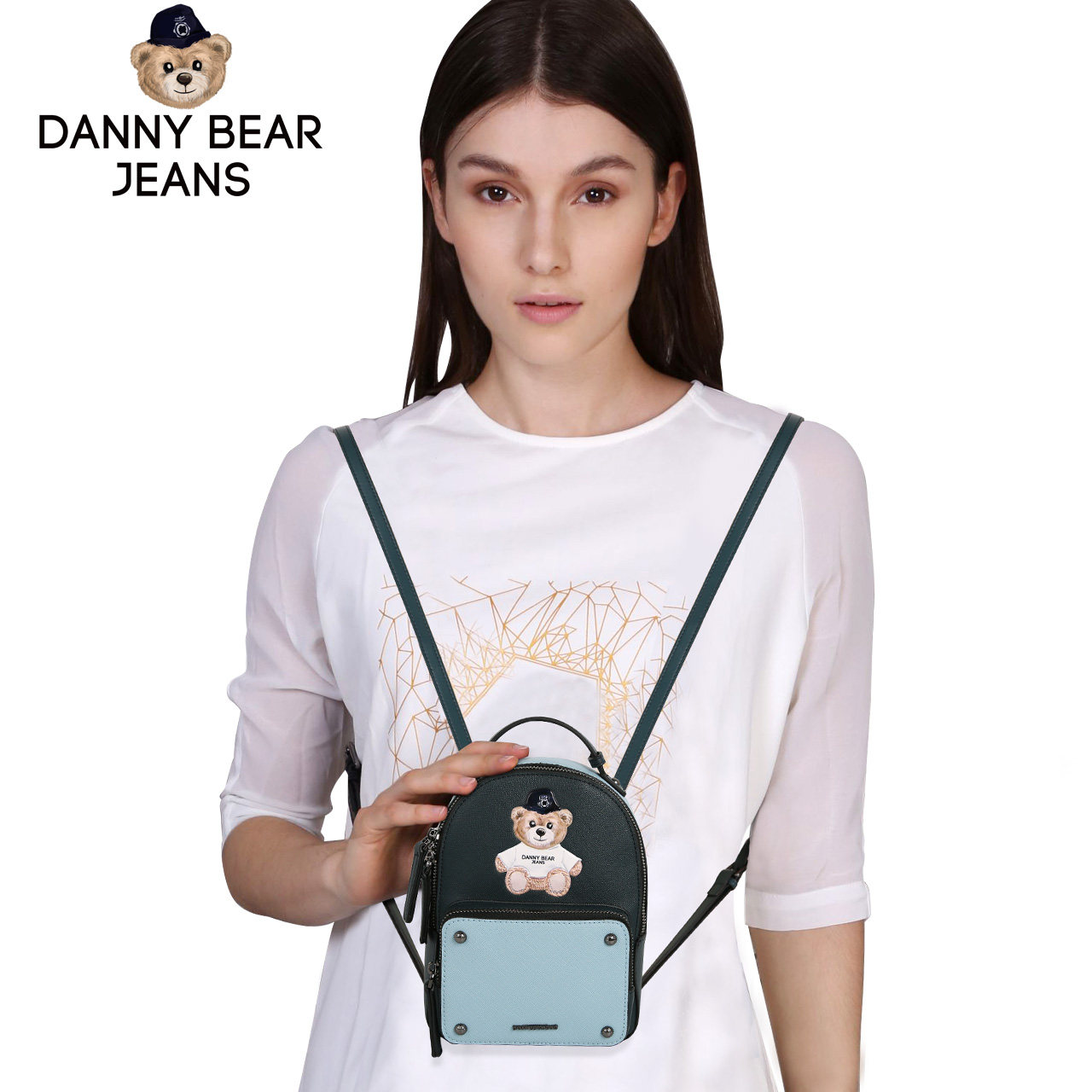 丹尼熊女式小款双肩包MINI拼接PVC背包女小熊迷你小包DMJ8816031B