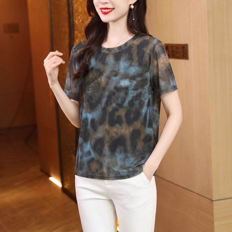 2026春季网纱衬衫打底衫女装洋气上衣印花小衫蕾丝衫雪纺衫短袖