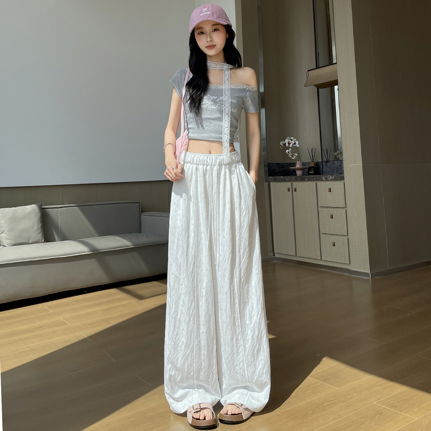 复古碎花冰丝阔腿裤女夏季薄款慵懒风休闲裤子宽松垂感拖地山本裤