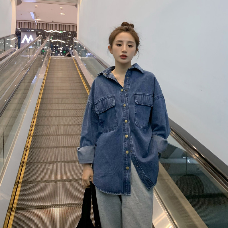 实拍三标齐春秋新款韩版宽松百搭软牛仔衬衣外套厚料女马夹中长款