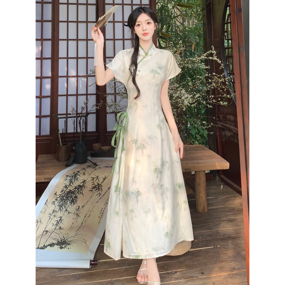 实拍夏季新款胖mm新中式国风小清新少女绿色改良奥黛旗袍连衣裙子