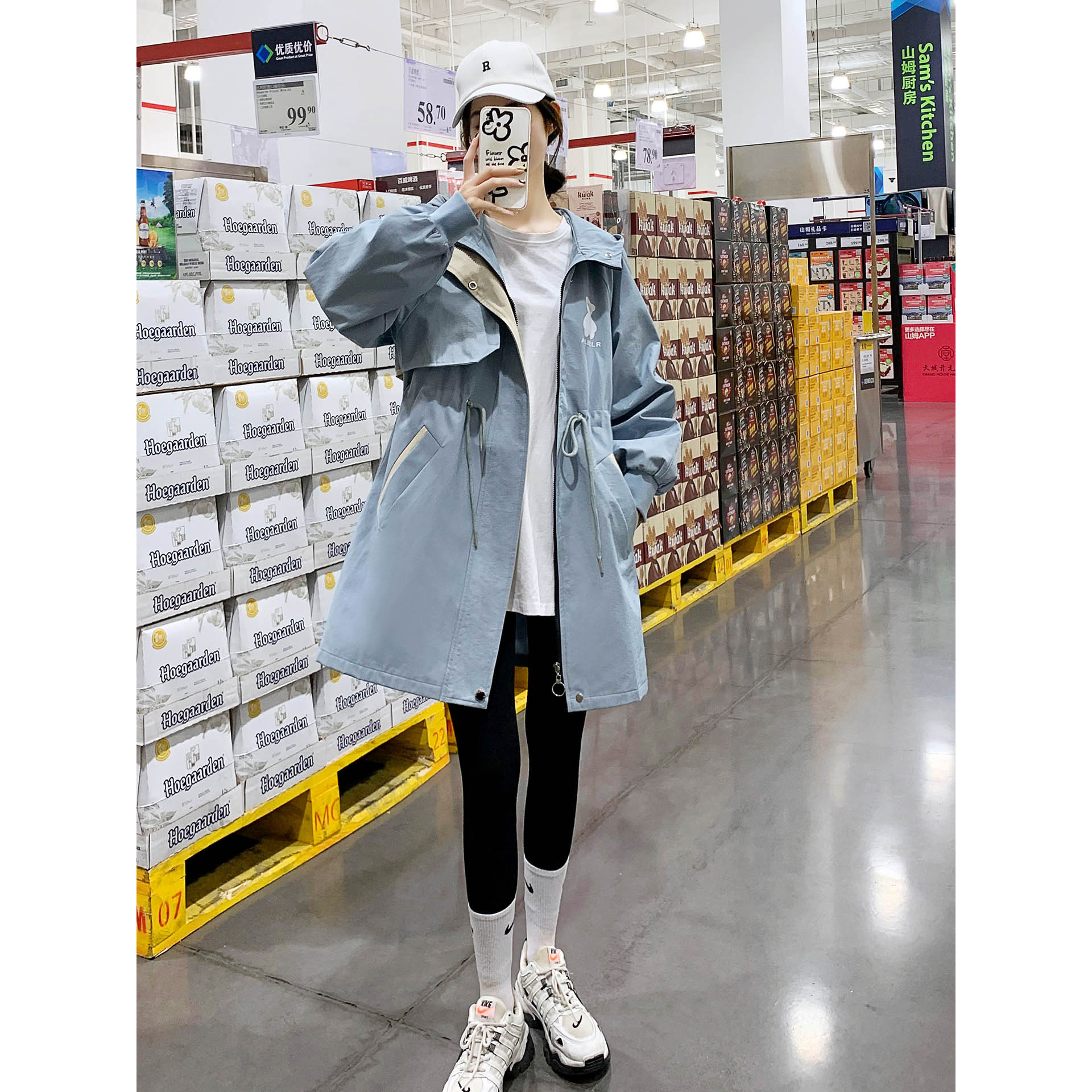 大码女装胖妹妹200斤上衣长袖春装风衣春秋装中长款连帽开衫外套