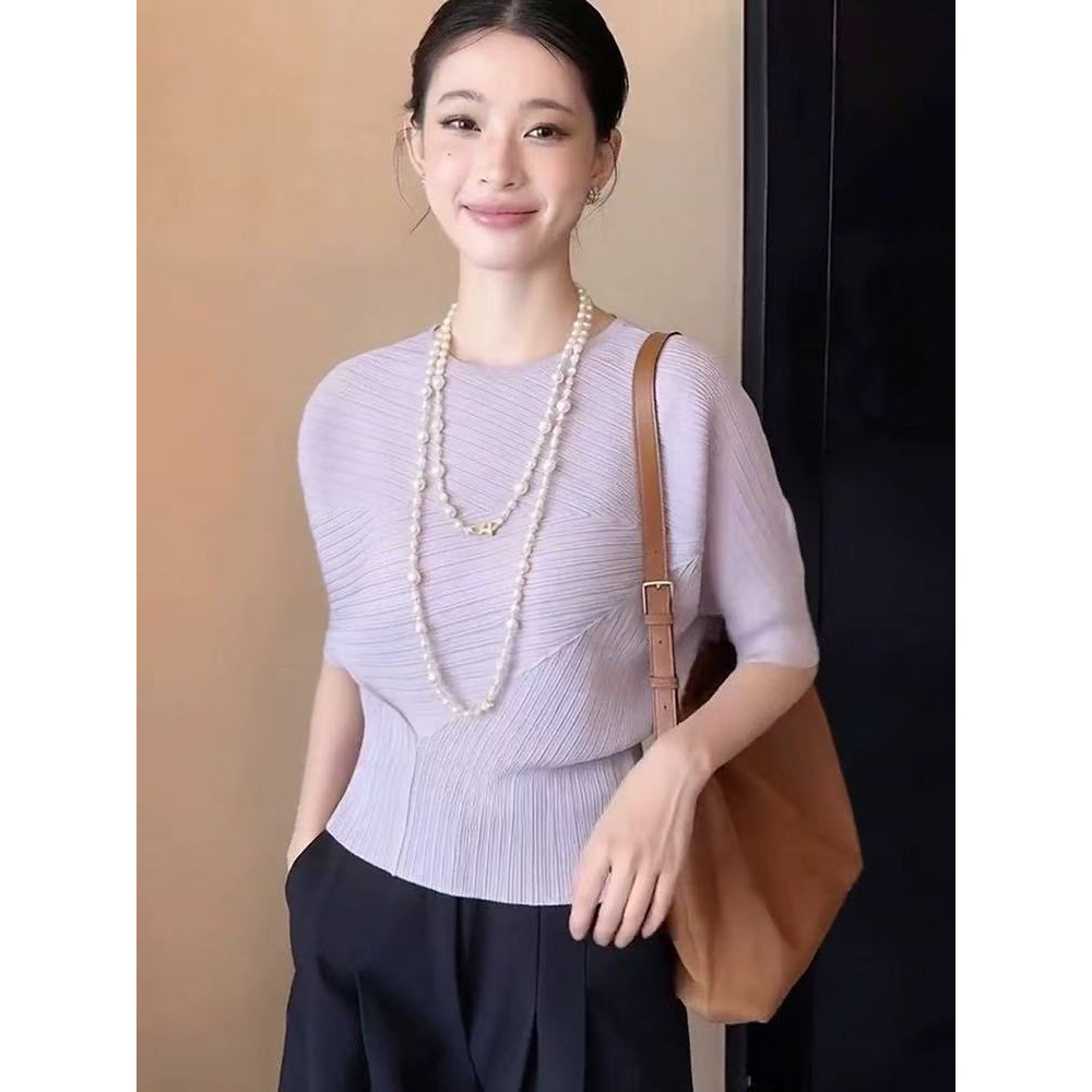 浅紫色韩系温柔减龄圆领针织T恤女2026夏季新款收腰显瘦精品上衣