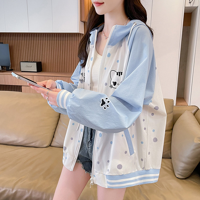 新款可爱猫咪印花宽松连帽开衫初高中学生慵懒防晒上衣外套女