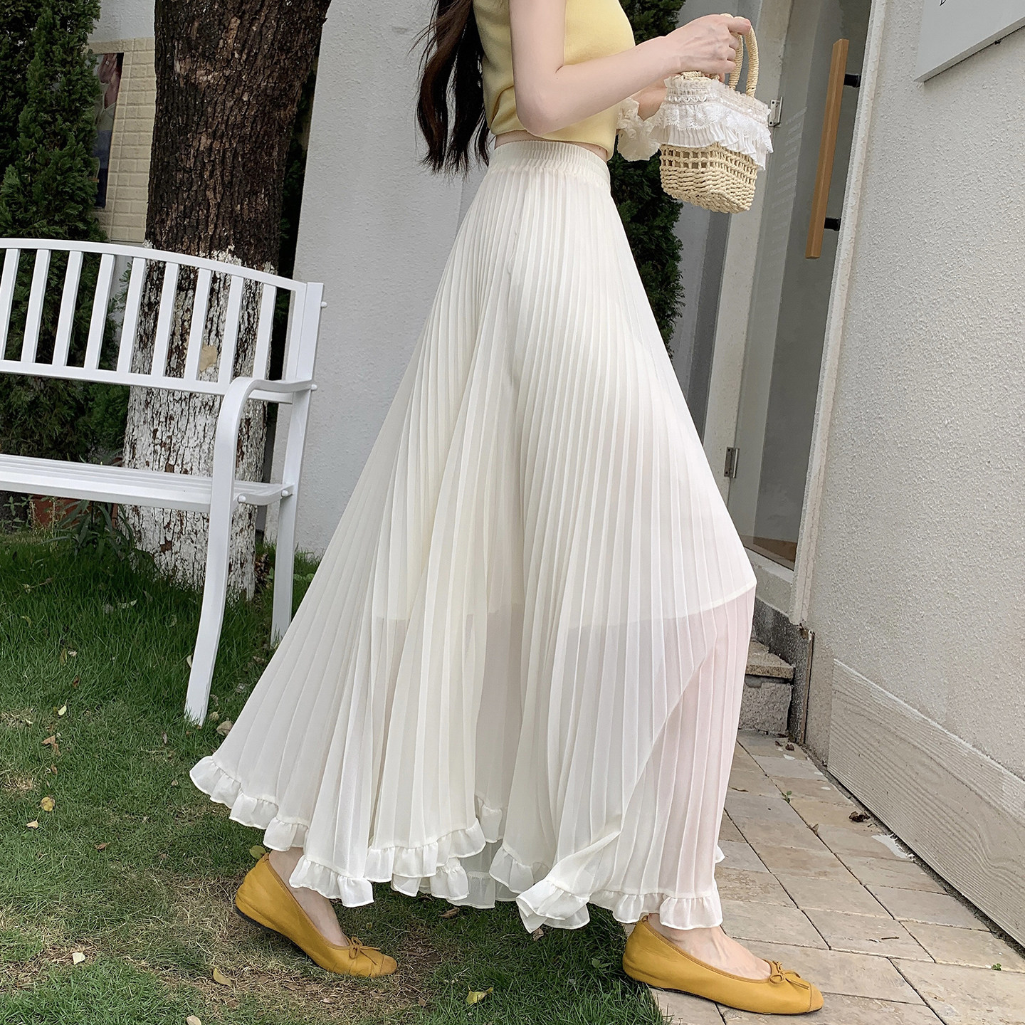 不规则裙摆设计百褶裙女2026夏季新款木耳边拼接大摆压折长裙