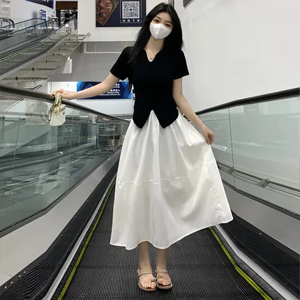法式短袖修身针织衫女2025新款夏季大码胖mm收腰显瘦半身裙两件套