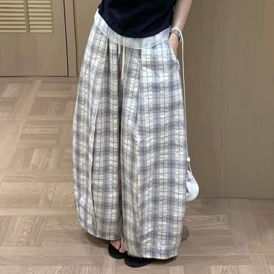 新款复古格纹花苞休闲裤女夏季新款气质百搭显瘦弯刀阔腿裤