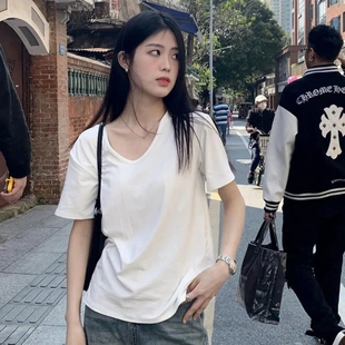 T恤女舒适宽松显瘦慵懒打底衫 V领短袖 夏季 休闲体恤上衣 薄款