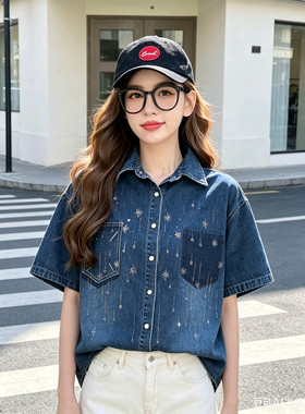 韩国东大门牛仔上衣短袖外套女重工镶钻独特时尚防晒服百搭POLO领